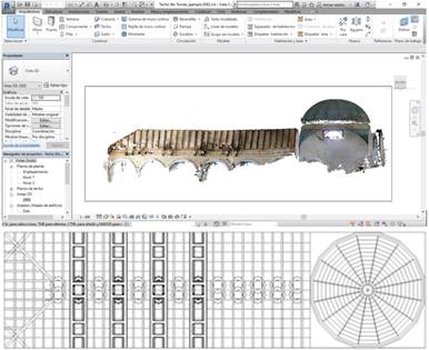 Estructura central de la cubierta del templo Santo Tom&aacute;s. Arriba: Nube de puntos. Abajo: Esquema planim&eacute;trico en CAD. 