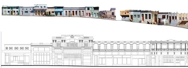Arriba: Perfil fotogr&aacute;fico de Heredia entre P&eacute;rez Carb&oacute; y Barnada. Abajo: Dibujo vectorial de los inmuebles del perfil de la calle Enramadas entre Carnicer&iacute;a y Calvario. 