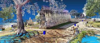 Procesamiento del color de la nube de puntos en la interfaz Z+F Laser. Los estacionamientos del TLS en color azul. 