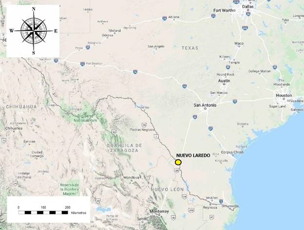 Mapa que muestra localizaci&oacute;n geogr&aacute;fica de Nuevo Laredo. Fuente: Mapa de elaboraci&oacute;n propia.
