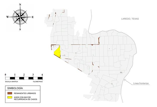 Modelo espacial que muestra la localizaci&oacute;n de los 80 casos de remanentes urbanos detectados en la ciudad de Nuevo Laredo, Tamaulipas. Fuente: Elaboraci&oacute;n propia.