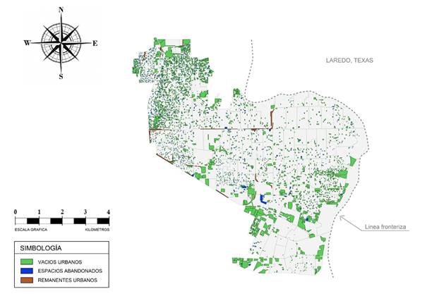 Modelo espacial que muestra la ubicaci&oacute;n de los 5,002 casos de anti-espacio localizados en la ciudad de Nuevo Laredo, Tamaulipas. Fuente: Elaboraci&oacute;n propia.