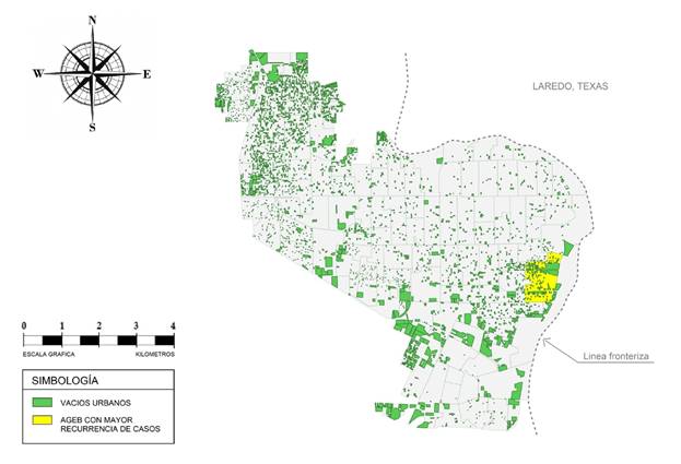 Modelo espacial que muestra la localizaci&oacute;n de los 3,836 casos de vac&iacute;os urbanos detectados en la ciudad de Nuevo Laredo, Tamaulipas. Fuente: Elaboraci&oacute;n propia.