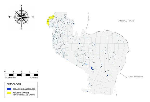Modelo espacial que muestra la localizaci&oacute;n de los 1,086 casos de espacios abandonados detectados en la ciudad de Nuevo Laredo, Tamaulipas. Fuente: Elaboraci&oacute;n propia.