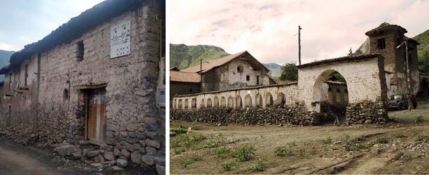 Vivienda vernácula, a la izquierda, fachada de la vivienda de estudio; a la derecha fachada de la iglesia colonial de San Francisco de Colcha.