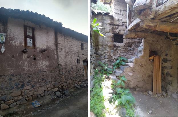 Muros de mampostería de piedra y barro. A la izquierda, fachada frontal donde se aprecia dichos elementos; a la izquierda, integración de muro y escaleras de acceso vertical.