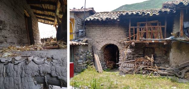 Pisos y cubiertas: A la izquierda, entrepiso de torta de barro y enchaclado de carrizo amarradas con soguillas de paja. A la derecha, cubierta de teja de arcilla cocida que descansa sobre tijeral de par y nudillo de rollizo de eucalipto.