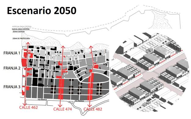 Propuesta de ejes de servicios de ciudad con viviendas en planta alta que interconectan el nuevo crecimiento urbano con lo existente.
