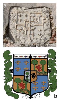 a) Escudo del frontispicio a la entrada del Castillo de San Severino, Matanzas, Cuba. b) reconstrucci&oacute;n idealizada del mismo. N&oacute;tese los ladrillos que calzan el escudo.