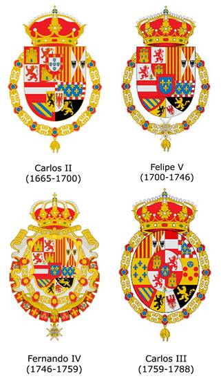 Escudos reales de Carlos II, Felipe V, Fernando IV y Carlos III; soberanos que gobernaron durante momentos de la evoluci&oacute;n del Castillo de San Severino. Comp&aacute;rese con las Figuras 1 y 2.