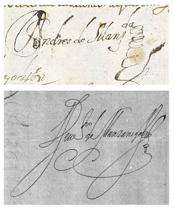 Aut&oacute;grafos de Andr&eacute;s de Manzaneda, padre, y Severino de Manzaneda. N&oacute;tese como ambos suprimen &ldquo;Garc&iacute;a&rdquo; del patron&iacute;mico compuesto &ldquo;de Manzaneda&rdquo;.