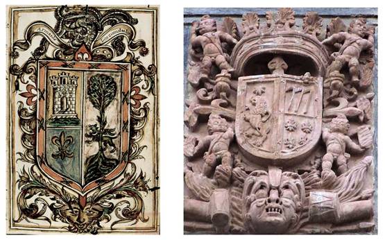 Escudos relacionados al linaje de Zumalabe (izquierda) y Rozas (derecha). N&oacute;tese los atributos que tienen en com&uacute;n con el del Castillo de San Severino y la cruz de Santiago acolada.