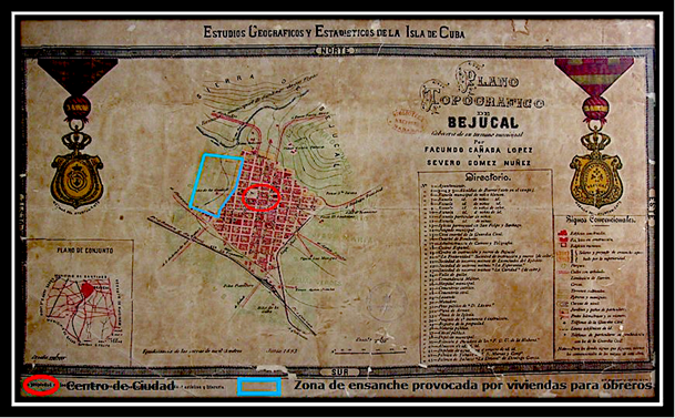 Plano de Bejucal fechado en junio de 1893. Sobre su planta de destaca la zona del Centro tradicional de la ciudad y el &aacute;rea donde las nuevas casas para obreros provocaron un notable ensancha de su planta urbana.