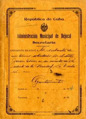Expediente relativo a la subasta de un terreno a favor de la Asociaci&oacute;n La Crecherie, Secretar&iacute;a de la Administraci&oacute;n Municipal de Bejucal, 1924.