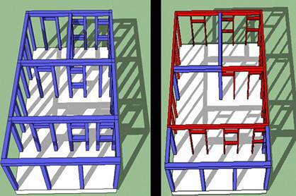 Evoluci&oacute;n de las estructuras de madera. Las soluciones ensambladas, representadas en color azul (izquierda), predominaron en los primeros esquemas portantes. Las tecnolog&iacute;as frame (en color rojo) se fueron asimilando escalonadamente, primero como cierres, hasta llegar a conformar el n&uacute;cleo portante de las construcciones (derecha.).