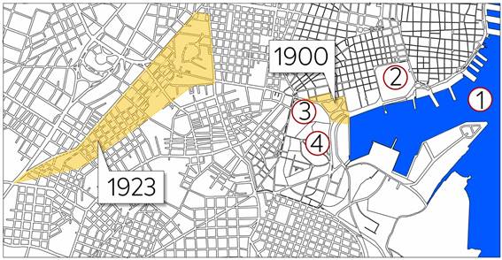 Emplazamientos permitidos para talleres y almacenes de madera en La Habana, seg&uacute;n legislaciones de 1900 y 1923. Leyenda: 1) Bah&iacute;a de La Habana, 2) Terminal de Ferrocarriles, 3) Estaci&oacute;n Cristina, 4) Castillo de Atar&eacute;s.
