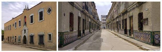 En la zona de estudio se concentran varios ejemplos del uso del Neo renacimiento espa&ntilde;ol. A la izquierda Casa de apartamentos en Manzana delimitada por Arroyo del Matadero, Manglar, Lindero y Mercado. A la derecha calle interior en Casas de apartamentos comprendidas entre las calles Desag&uuml;e, Plasencia, Pe&ntilde;alver y Retiro.