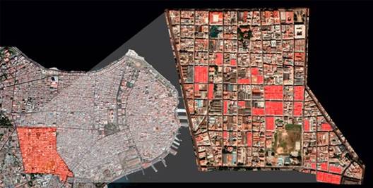 Zona de estudio delimitada por las calles Carlos III, Belascoa&iacute;n, Infanta y Manglar, Centro Habana: Imagen Satélite. Julio 2020.
