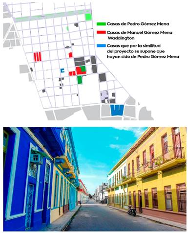 En primer plano se aprecian en la calle Oquendo entre Benjumeda y Santo Tom&aacute;s dos Casas de apartamentos propiedad de Pedro G&oacute;mez Mena, 1922 (derecha) y 1924 (izquierda). Al fondo (izquierda), entre Santo Tom&aacute;s y Clavel se aprecia una de las Casas de su hijo, Manuel G&oacute;mez Mena Waddington (izquierda) 1941.