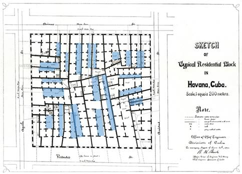 Manzana delimitada por las calles Virtudes, &Aacute;nimas, Amistad y &Aacute;guila ocupada en su totalidad por casas de patio lateral de diferentes dimensiones y proporciones. Junio de 1900.