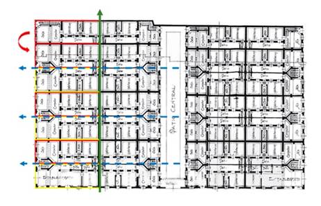 Ejemplo de multiplicaci&oacute;n de la casa de patio lateral para conformar una Casa de Apartamentos. Santo Tom&aacute;s entre Franco y Oquendo, 1922. Casa de 2 plantas con 56 apartamentos en cada una.