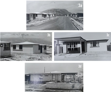Diferentes modelos de viviendas proyectados para la colonia Cuauht&eacute;moc. 3&ordf;) Una de las calles del conjunto que separa las denominadas &ldquo;casas japonesas&rdquo; de las realizadas con cubierta plana o a dos aguas. 3b: Casa de: dos rec&aacute;maras sin estacionamiento 3c) con estacionamiento techado, como una prolongaci&oacute;n de la marquesina de entrada. 3d) Modelo de casa de tres rec&aacute;maras, con estacionamiento lateral.