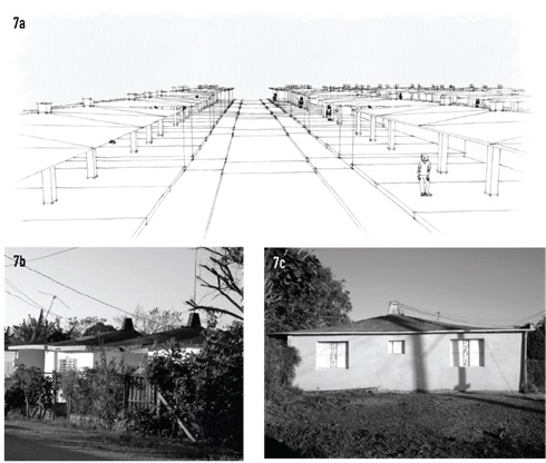 Paraguas edificados en San Jos&eacute; de las Lajas, provincia Mayabeque, Cuba. 7a) Reconstrucci&oacute;n volum&eacute;trica de uno de los viales del antiguo combinado av&iacute;cola Clodomira Acosta, realizada por el autor. 7b) y 7c) Viviendas de 48 m2 de superficie, obtenidas a partir de la reconversi&oacute;n de los locales de cr&iacute;a de la granja.