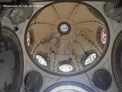 Fotograf&iacute;a donde se observa la c&uacute;pula fracturada en forma m&aacute;s acentuada en las tres secciones centrales de la parte sur del santuario despu&eacute;s de los da&ntilde;os del sismo del 19 de septiembre. D&iacute;as despu&eacute;s, las tres secciones centrales colapsar&iacute;an.