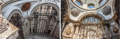 Fotograf&iacute;as donde se observan las primeras acciones de apuntalamiento de elementos estructurales en el transepto del santuario, y el desplazamiento de las claves de dos arcos y da&ntilde;os diversos en los elementos arquitect&oacute;nicos.