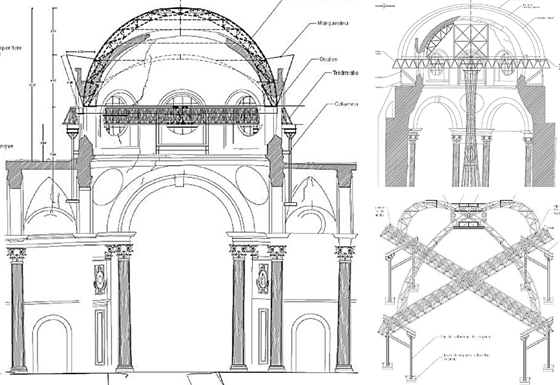 Vistas de los procedimientos realizados al interior del templo, donde se observan los esquemas b&aacute;sicos para el apuntamiento, consolidaci&oacute;n de la c&uacute;pula y una sobre cubierta sobre toda el &aacute;rea colapsada.