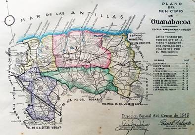 Plano del T&eacute;rmino Municipal de Guanabacoa, donde se identifican sus l&iacute;mites y sus 12 barrios. 