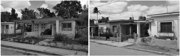 Modelos de vivienda seriada construidos en repartos del TMG. De mayor est&aacute;ndar: Residencial Alturas de Ma&ntilde;ana (izquierda) y de menor est&aacute;ndar: De Beche (derecha). 