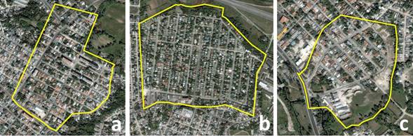 Tipos de trama urbana en repartos seleccionados: a) abierta (Ciudamar), b) cerrada (Residencial Monterrey) y c) mixta (La Florida). 