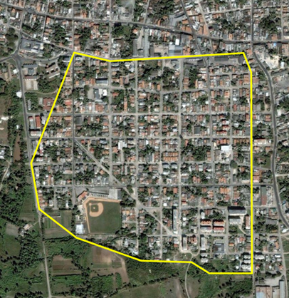 Vista a&eacute;rea de De Beche (1949), reparto que mantuvo la cuadr&iacute;cula tradicional.