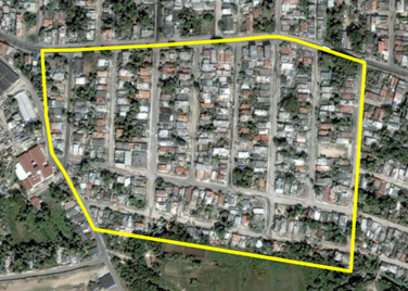 Vista a&eacute;rea de Bellavista de San Miguel o El Af&aacute;n (1955), reparto con manzanas rectangulares, acentuadamente alargadas y estrechas. 