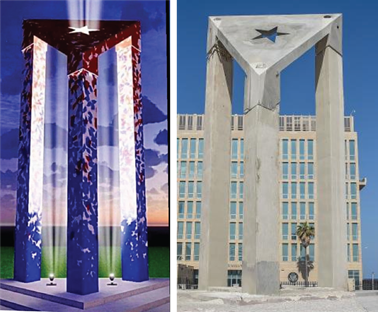 Proyecto escult&oacute;rico inspirado en la bandera cubana frente a la Embajada de EUA en La Habana. 