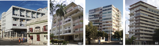 Algunos edificios de apartamentos que incluyen apartamentos d&uacute;plex. 6a) Edificio 1005, San L&aacute;zaro No. 872, Centro Habana. 1951 (Tabla 1, No. 12); 6b) Edificio de apartamentos, Calle 21 No. 802, Vedado, 1951 (Tabla 1, No. 11); 6c) Edificio de apartamentos, Calle 23 No. 670- 672, Vedado, 1955. (Tabla 1, No. 24) y 6d) Edificio NAROCA, Paseo No. 158, Vedado, 1955 (Tabla 1, No. 21).