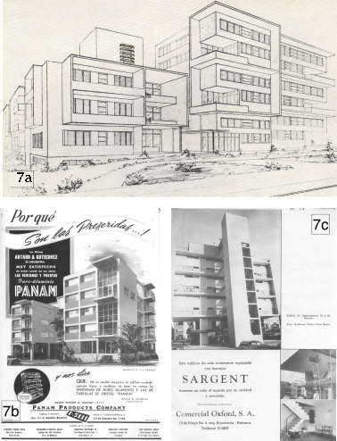 7 - a) Edificio de apartamentos para la Occidental Trading Co., reparto Alturas del Vedado (Arq. Silvia O&acute;Bourque Reyes, 1951). 7b) Edificio de apartamentos, Calle 17 No. 800-802, El Vedado, para la C&iacute;a. de Inversiones Fanza, S.A. (Artaud y Guti&eacute;rrez, Arquitectos, 1951) (Tabla 1, No. 14). 7c) Fachada posterior y detalles del edificio d&uacute;plex de 23 y 26, El Vedado (1950) (Tabla 1, No. 6).