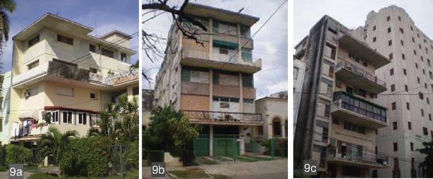 Tres edificios de apartamentos de 1954, con concepci&oacute;n similar: las c&eacute;lulas d&uacute;plex definen la expresi&oacute;n arquitect&oacute;nica de la fachada principal, y detr&aacute;s, se desarrollan apartamentos sencillos en varios pisos: 9a) Ave. 3ra No. 9606, Playa (Tabla 1, No.17); 9b) Calle 19 No.1318, Vedado (Tabla 1, No.20) y 9c) Calle L No.107-109, Vedado (Tabla 1, No. 19). 