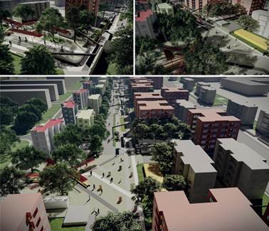 Propuesta de proyecto Parque Lineal: Vistas aéreas del conjunto, integrado al contexto urbano.
