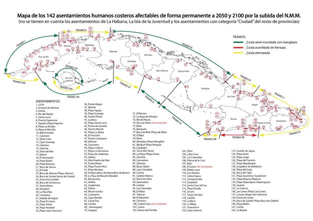 Plano de 142 asentamientos humanos afectables de forma permanente en Cuba al a&ntilde;o 2050 y 2100 por la subida del N.M.M. 