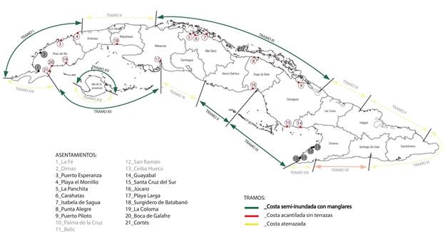 Plano de 21asentamientos que componen la muestra objeto de estudio. 