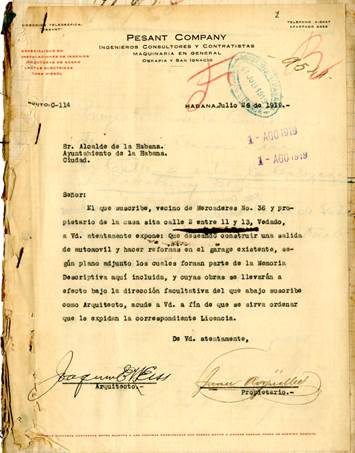 Documento original de solicitud al Ayuntamiento para la realizaci&oacute;n de un proyecto de acceso vehicular (porte coch&egrave;re) realizado por Joaqu&iacute;n Weiss en 1919. 