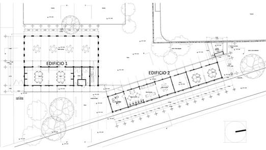 Planta arquitectónica, Centro Comunitario Cuexcomate, Edificios 1 y 2. 