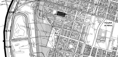 Contexto de la UHaTE en Barrio La Florida (1991) Santa Fe Capital. Propuesta de ubicaci&oacute;n del hospital de Ni&ntilde;os sobre la restituci&oacute;n de la Foto A&eacute;rea de 1982. 