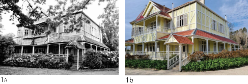 Ingreso principal. 1a) En la d&eacute;cada de 1980. Fuente: Fotograf&iacute;a antigua disponible en http://fotosviejasdemardelplata.blogspot.com/2013/01/villa-victoria-ocampo.html. 1b) Estado actual. 