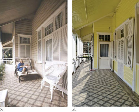 Galer&iacute;a sobre el jard&iacute;n. 2a) Utilizada por Victoria Ocampo en 1958. Fuente: Fotograf&iacute;a antigua Victoria Ocampo de Dmitri Kessel del archivo de la revista Life disponible en: #MardelPlata#MDQ#LifeMagazine. 2b) Estado actual. 