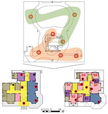 Organizaci&oacute;n en plantas del tratamiento descriptivo- patrimonial de cada grupo de habitaciones seg&uacute;n cada integrante. En gris se representan los espacios cerrados al p&uacute;blico. Los puntos negros y azules con bordes rojos se&ntilde;alan una selecci&oacute;n de beacons. 