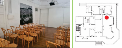 Esquema de posicionamiento de los contenidos desarrollados para el Beacon 12 (comedor en planta baja, actualmente microcine). 