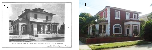 Residencia particular de Jorge Luis Echarte. 1a) Foto publicada en la Revista Arquitectura en 1917 [4, p.11]. 1b) La casa en el presente. 